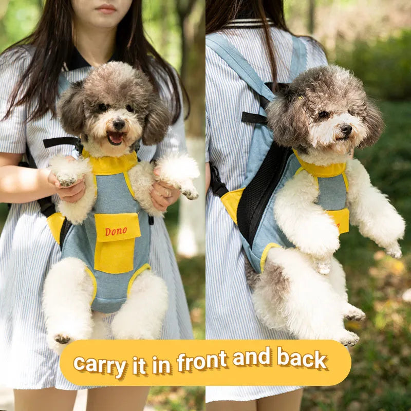 Blue and yellow adjustable pet sling carrier bag with mesh panels, worn on chest with a small dog inside.
