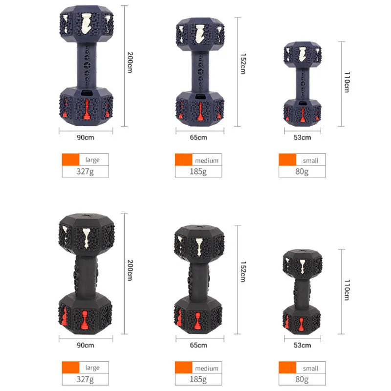 Dumbbell-shaped dog chew toy in black or blue with 3D particles on surface, hollow ends for treats