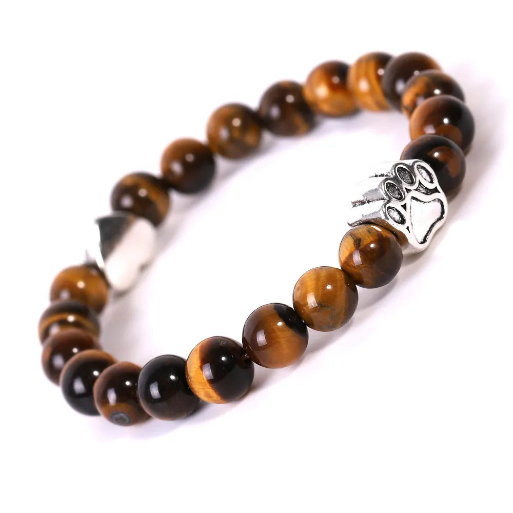 Tigereye Indian Agate stone bead bracelet with geometric shapes, dog's paw design and Peach Heart charm