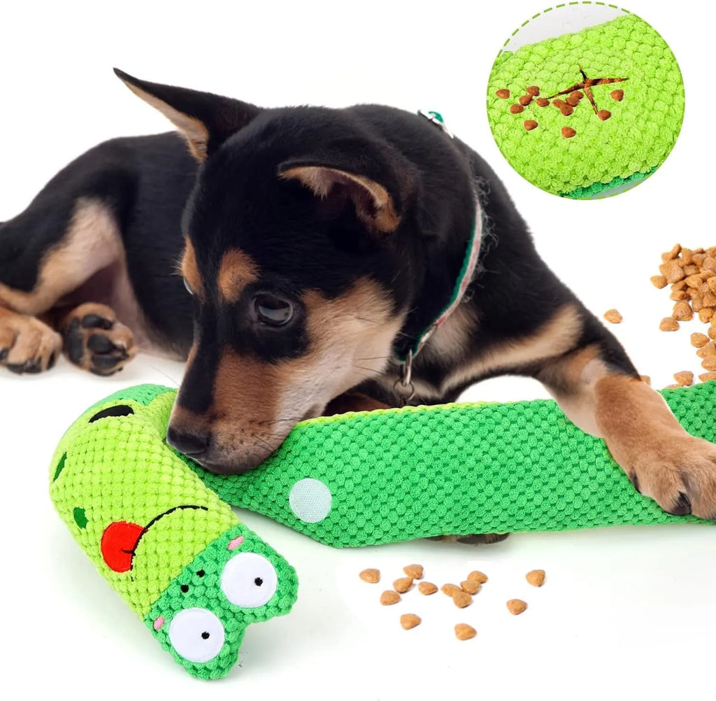 Interactive dog puzzle toy in snail shape with squeakers and foraging holes for mental stimulation