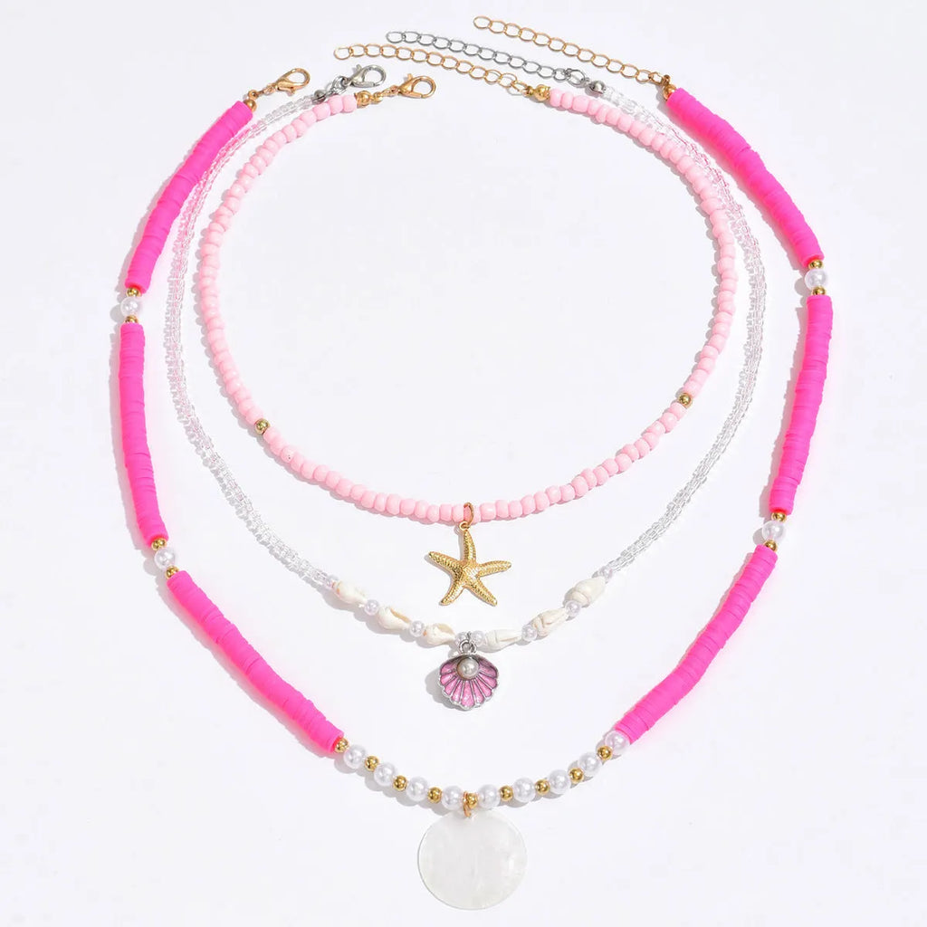 Polymer clay beaded necklace for women with multi-layer shell, twin clavicle chain, and geometric alloy pendant, 41-50cm.