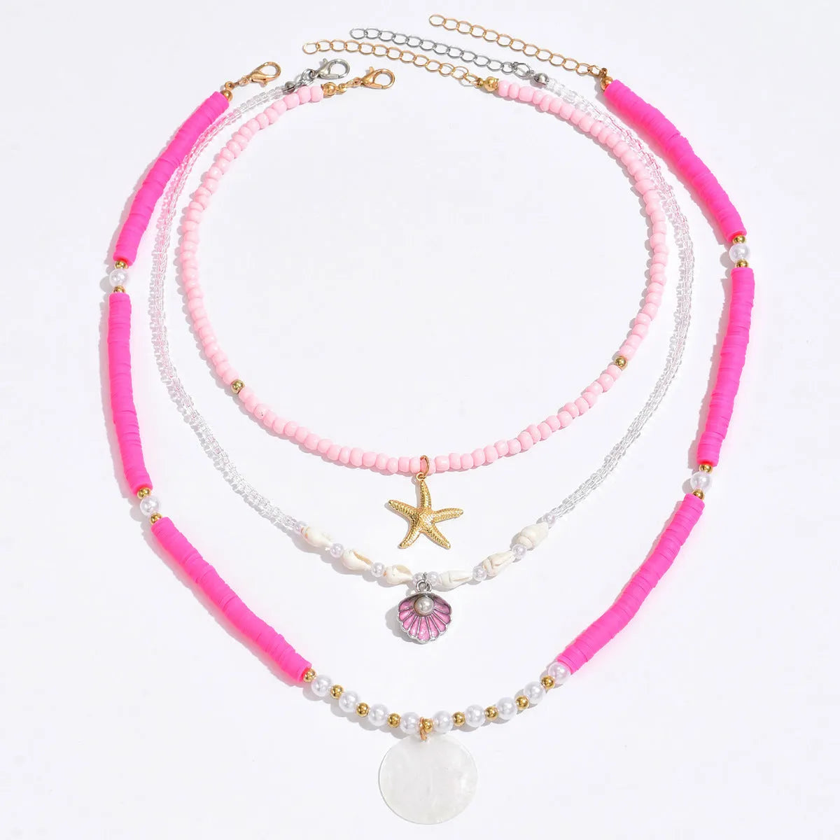 Polymer clay beaded necklace for women with multi-layer shell, twin clavicle chain, and geometric alloy pendant, 41-50cm.