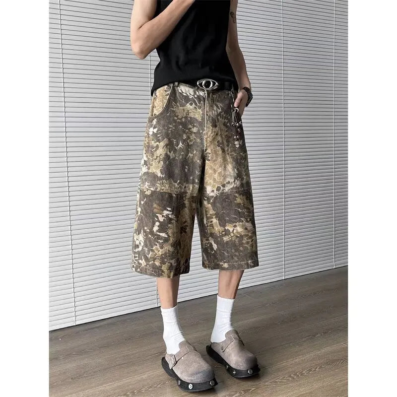 Yellow snake pattern camouflage cropped denim jeans on size chart showing S to 3XL options