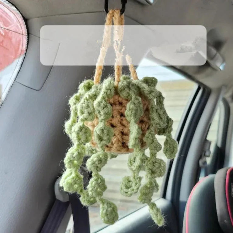 Green and white fishing style car plant decoration with 8cm basin base and 25cm hanging rope