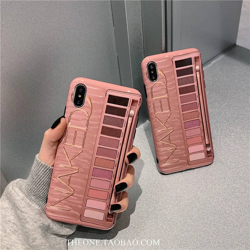 Silicone eye shadow phone case with raised edge showing iPhone compatibility and flesh/grey colour options