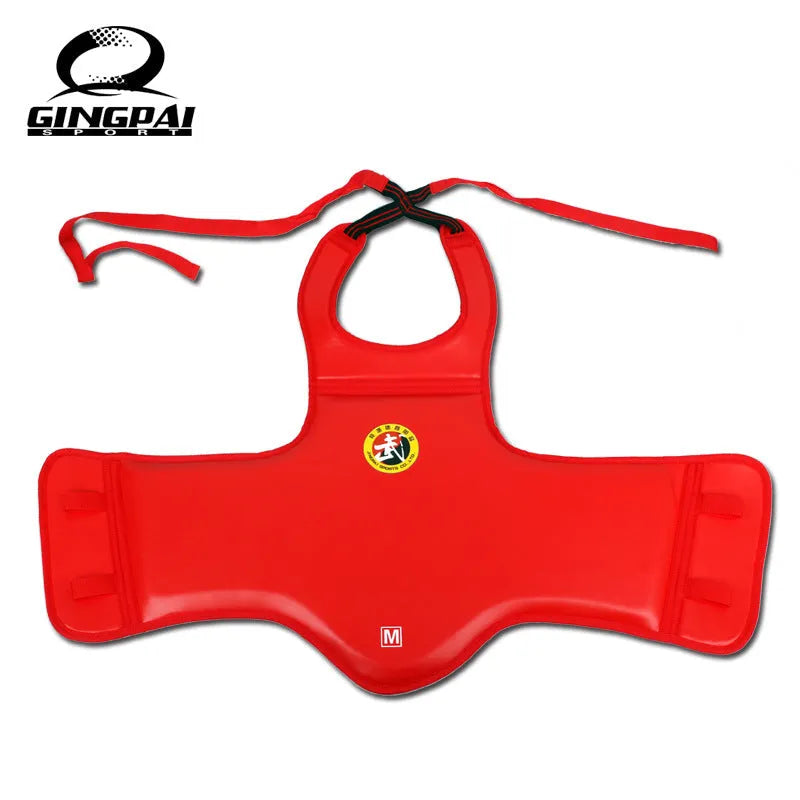 Red boxing helmet and matching one-piece chest protector set for training sparring.