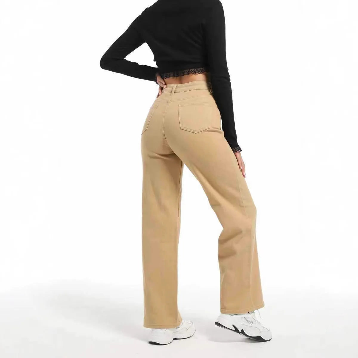 Women's high-waist straight jeans with wide leg design in apricot colour, showing 100% cotton fabric with high elasticity