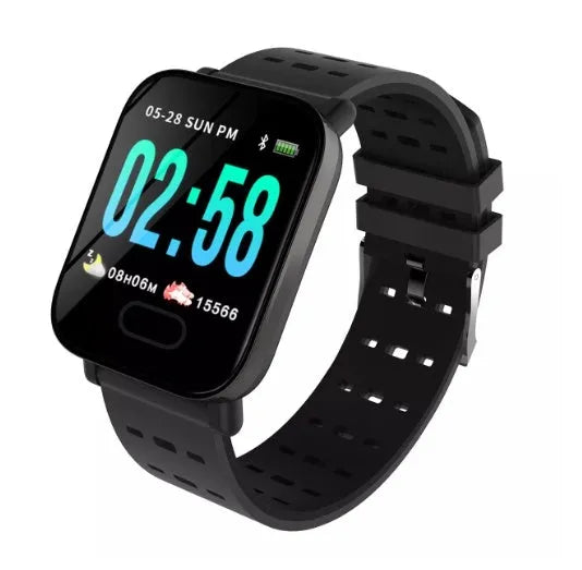 A6 smart bracelet with colour screen showing fitness metrics, silicone strap in blue, black, or orange options