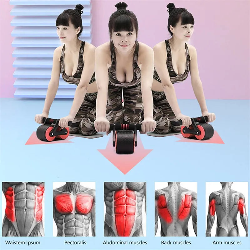 Double wheel abdominal exerciser with automatic rebound, blue orange red ABS ab roller with kneeling pad