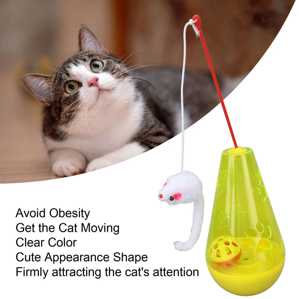 Interactive cat toy with bell ball and plush mouse stick on blue background