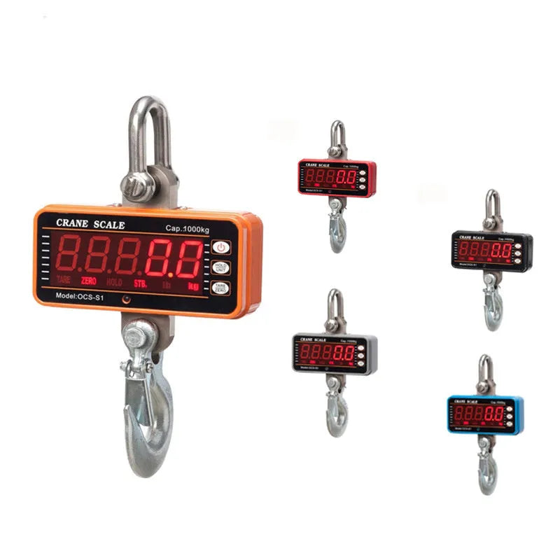 Orange electronic crane scale with digital display showing weight measurement for logistics applications