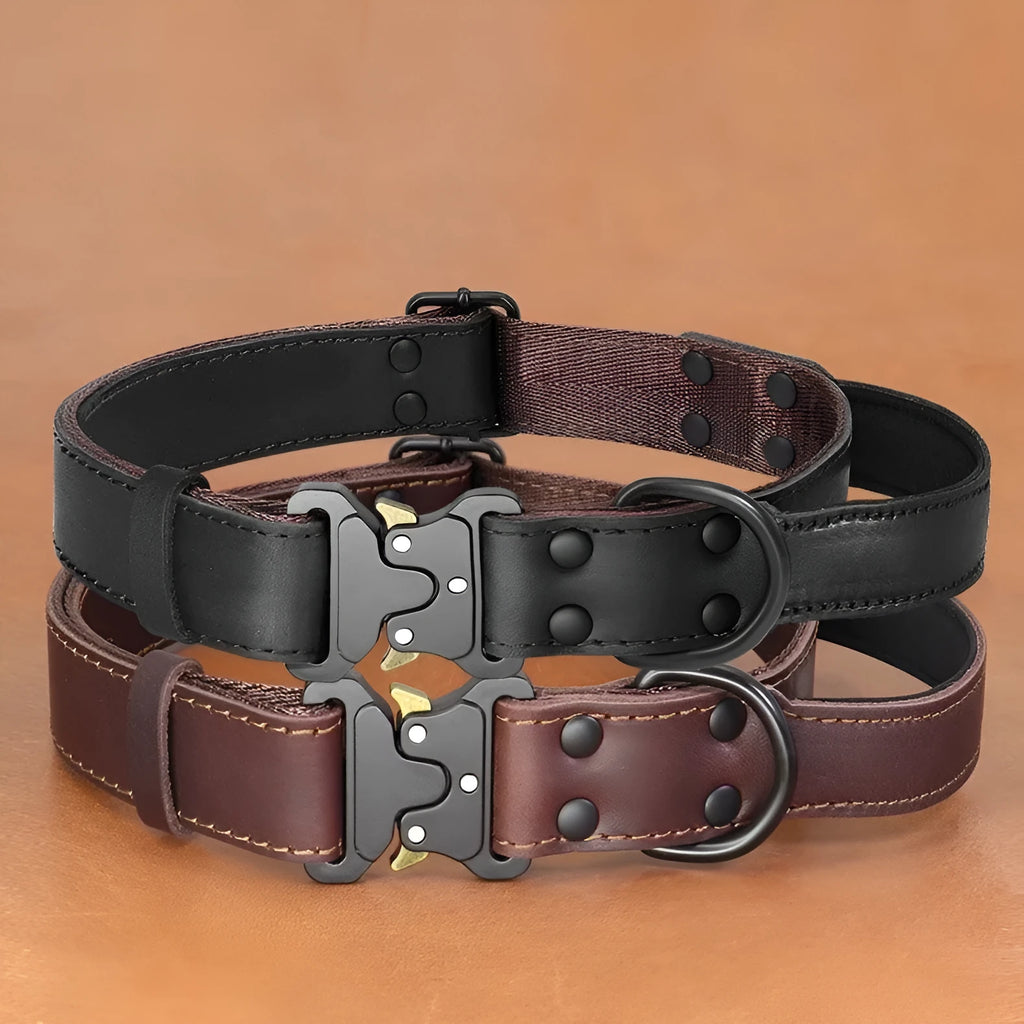 Leather dog bandana collar and pulling rope set in black and brown colour options with Christmas gift box