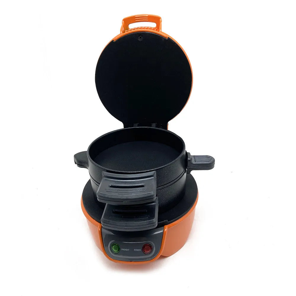Household breakfast machine in bright red with sandwich maker and egg cooker ring, 22cm by 17.5cm size