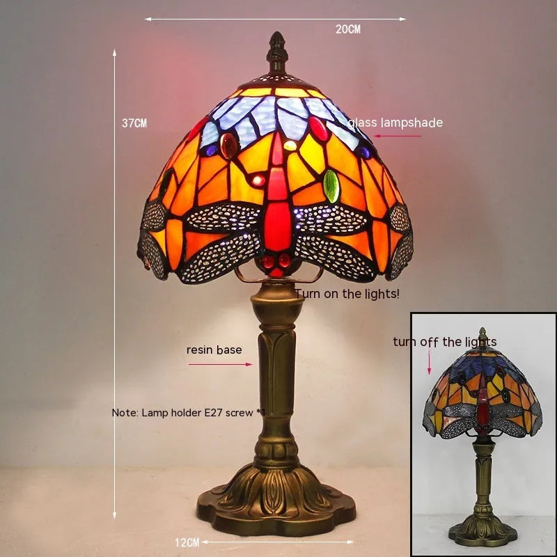 Tiffany dragonfly stone table lamp in blue or green, European-style design with 7W LED bulb for bedroom or living room