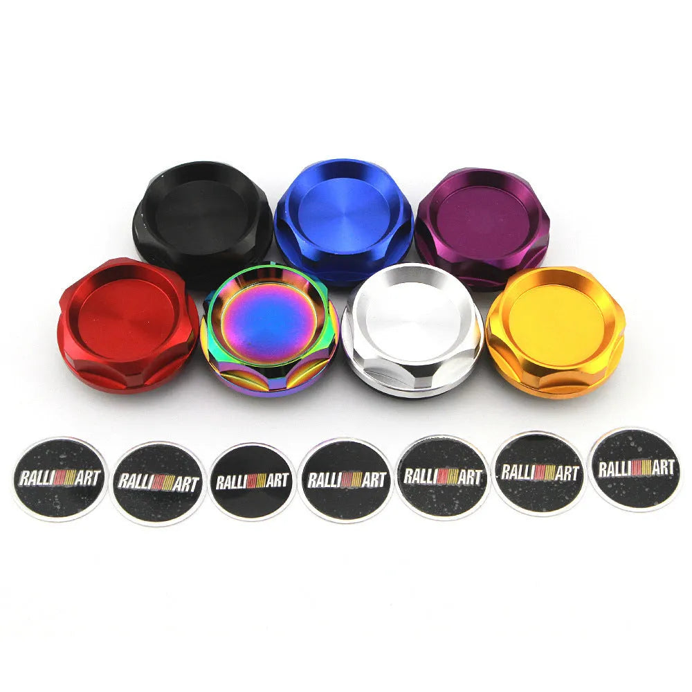 Aluminium oil filter cap for Mitsubishi cars in six colour options: red, blue, gold, silver, black, purple.