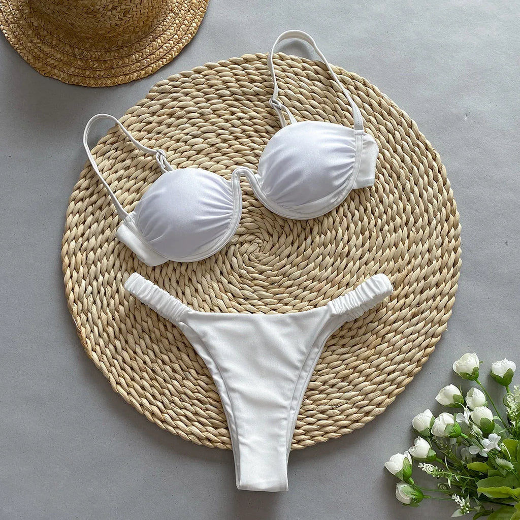 Women's underwire bikini swimsuit in khaki, white, or black with high elasticity nylon fabric for swimming and fitness.