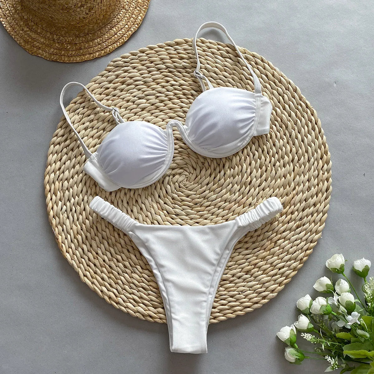 Women's underwire bikini swimsuit in khaki, white, or black with high elasticity nylon fabric for swimming and fitness.