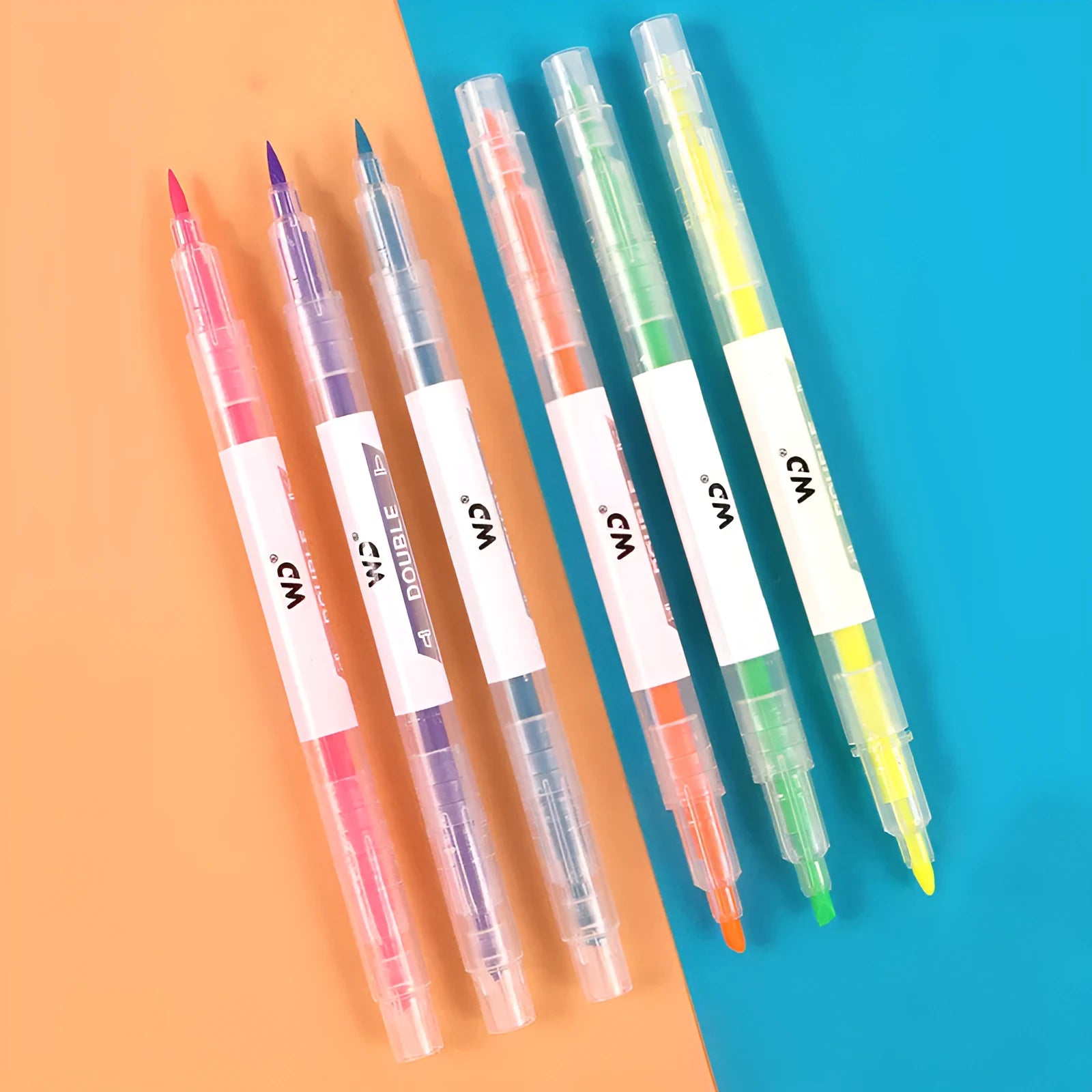 Set of 6 double-headed marker pens showing round and oblique tips in orange, purple, yellow, green, blue, and pink colours