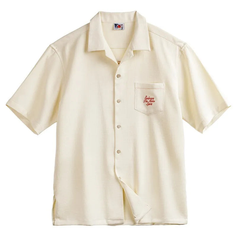 Bamboo pattern Cuban collar shirt for men in light apricot colour with plant and flower design