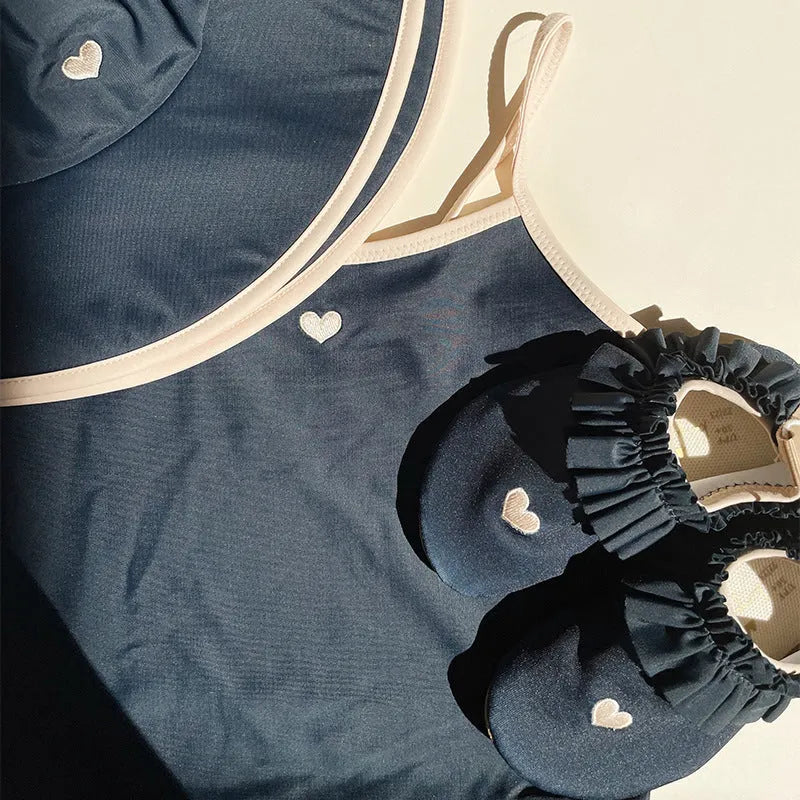 Dark blue split baby girls' swimsuit with briefs style for ages 1-6 years