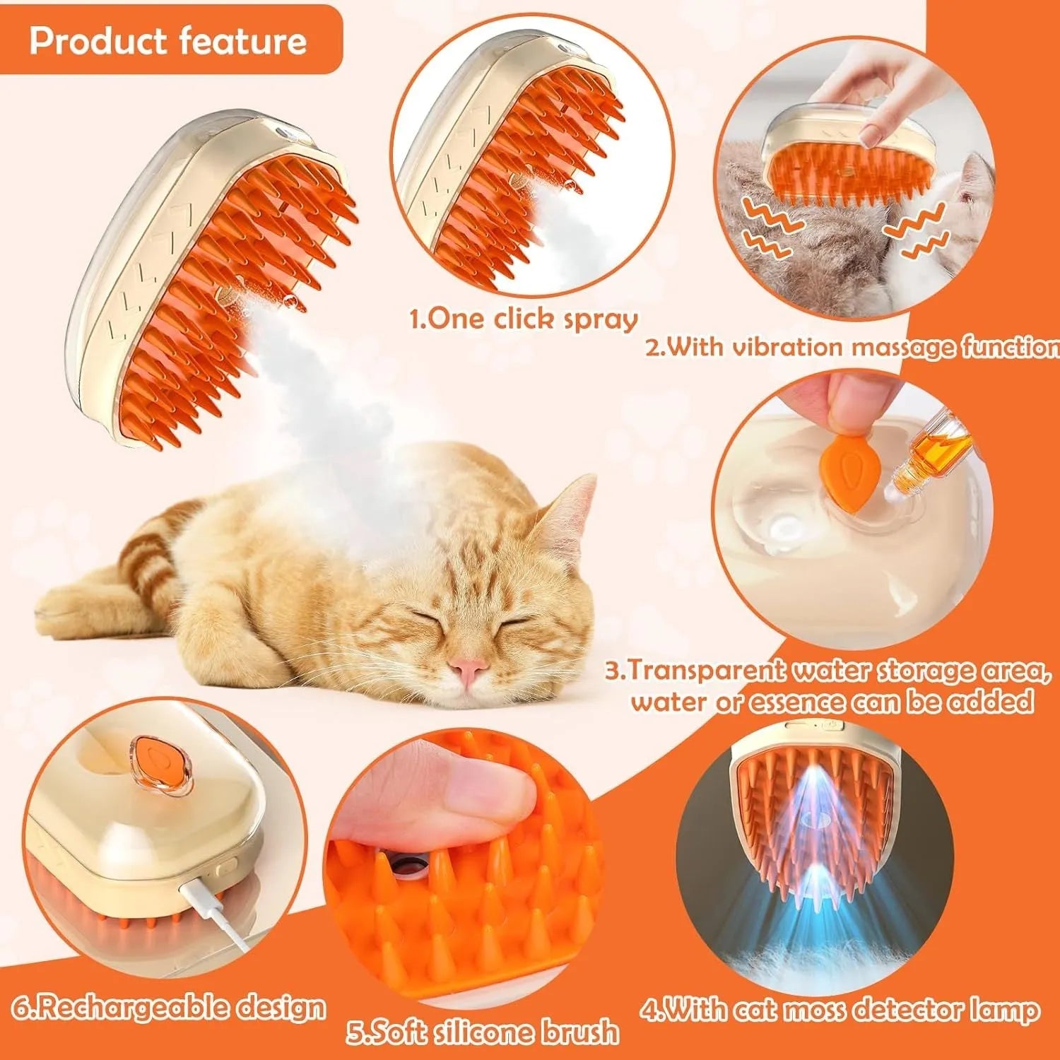 Yellow cat steam brush with silicone teeth, water storage area, and ringworm detector lamp for pet grooming