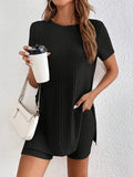Women's black cotton two-piece shorts set with ribbed crew neck top and matching shorts on a hanger.