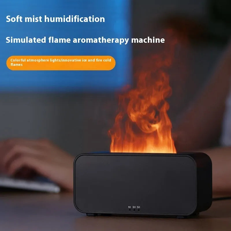 White USB aromatherapy diffuser with simulated flame and jellyfish smoke effect on wooden table