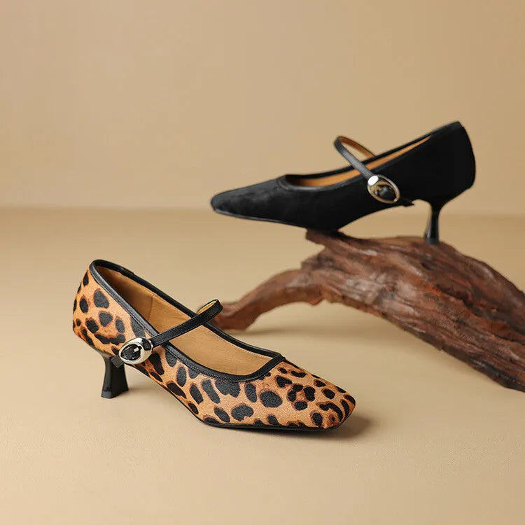 Women's black square toe stiletto ankle-strap shoes with horse hair upper and adjustable buckle closure