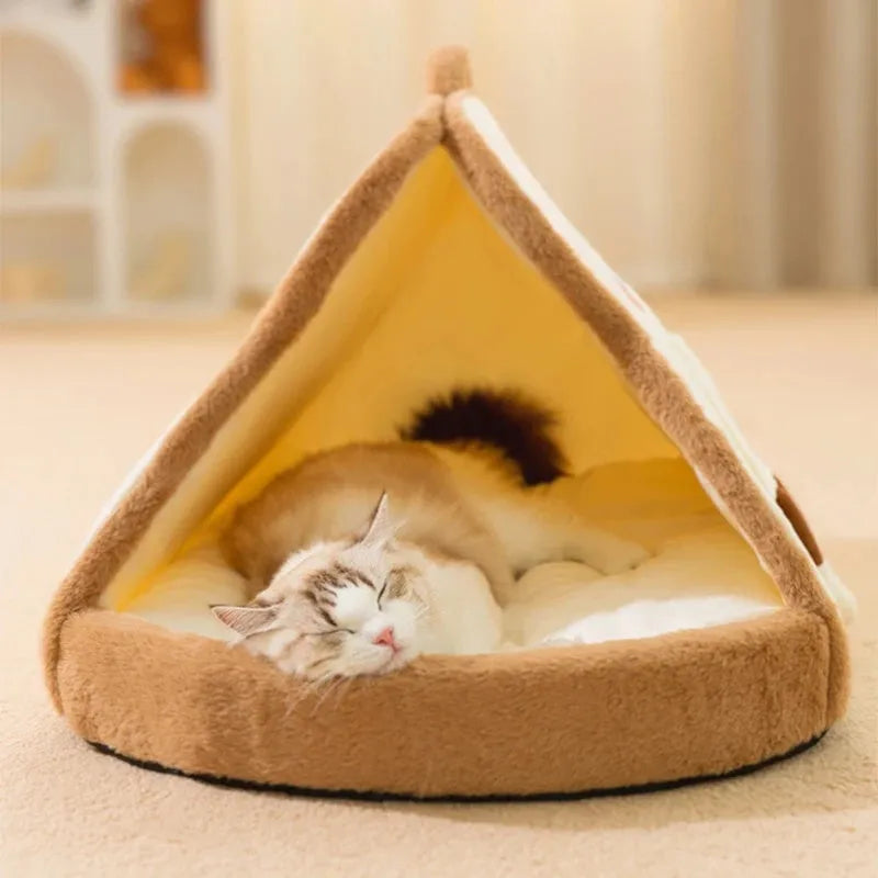 Green winter cat tent bed showing deep cave opening and soft interior, with size dimensions indicated
