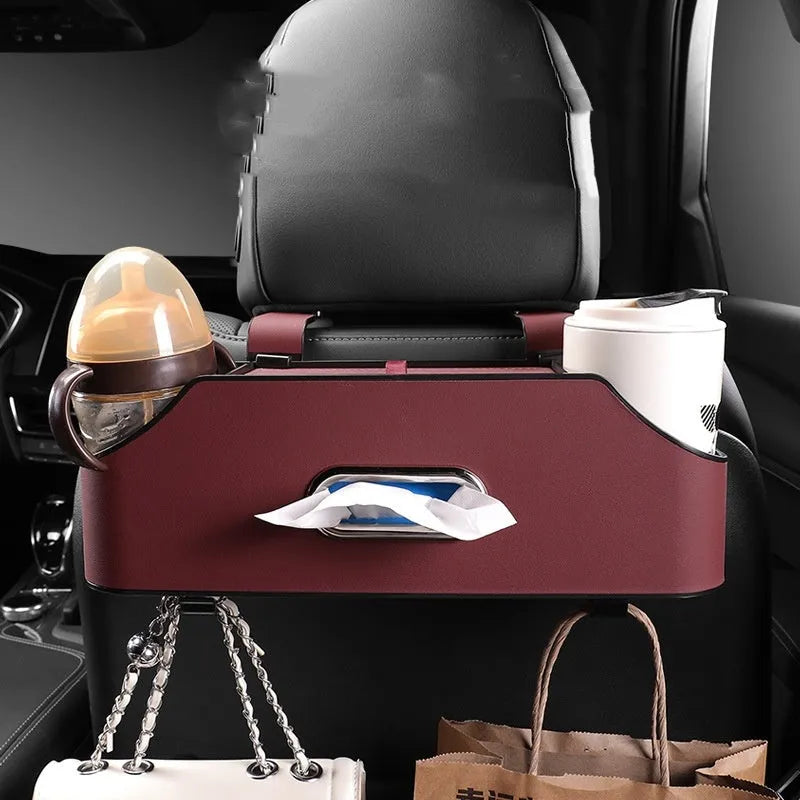 Genuine leather car tissue box with cup holder measuring 348x93x120mm in beige colour