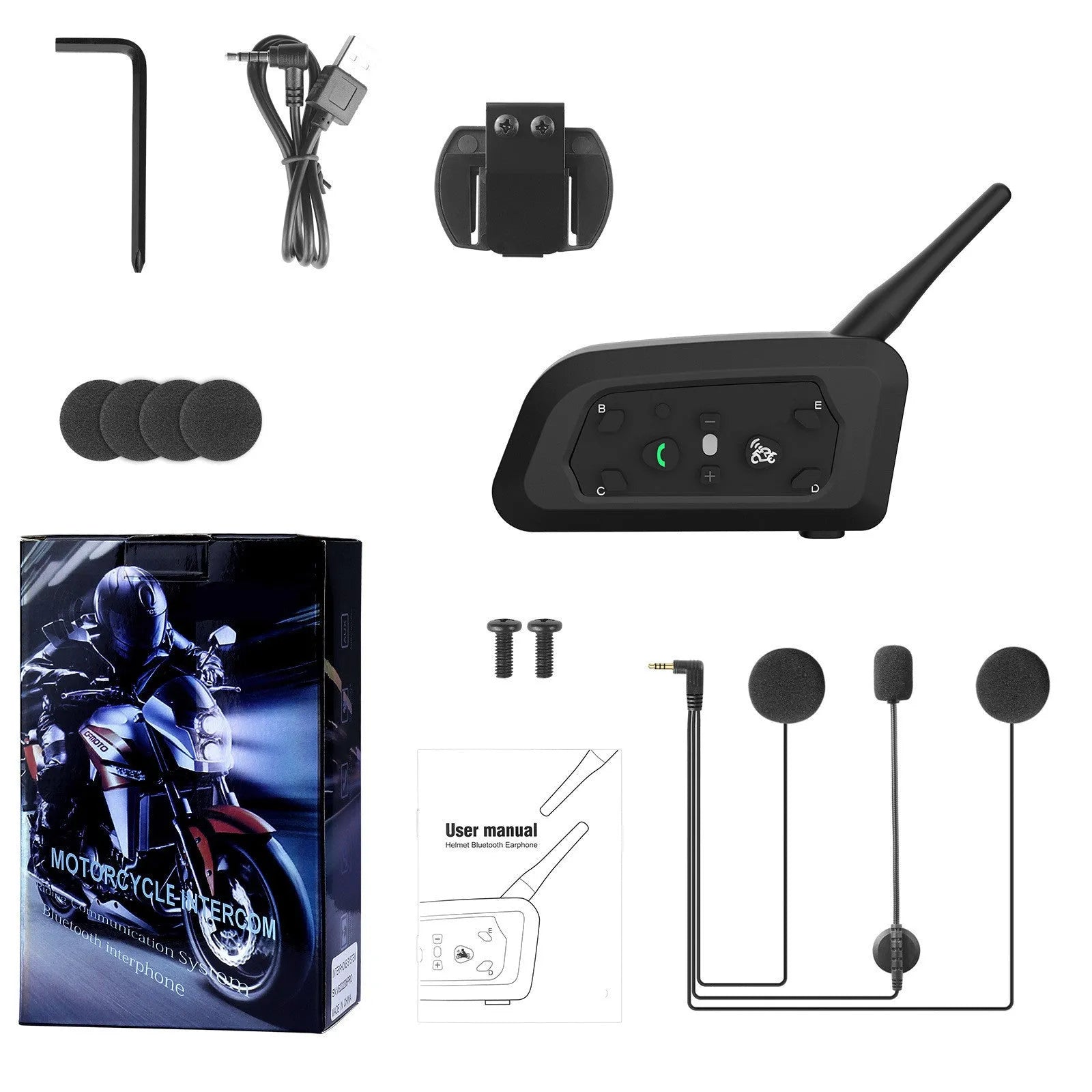 800m Motorcycle Helmet Bluetooth Intercom V6 Pro with headphone and mounting accessories