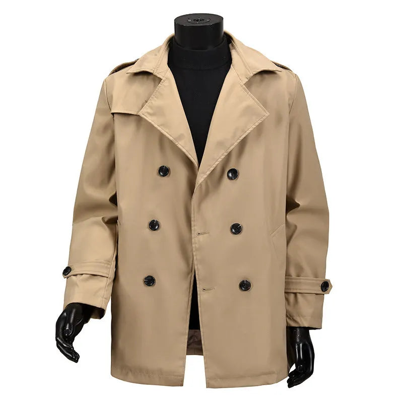 Men's khaki mid-length casual double-breasted jacket, loose fit, 50cm length, polyester