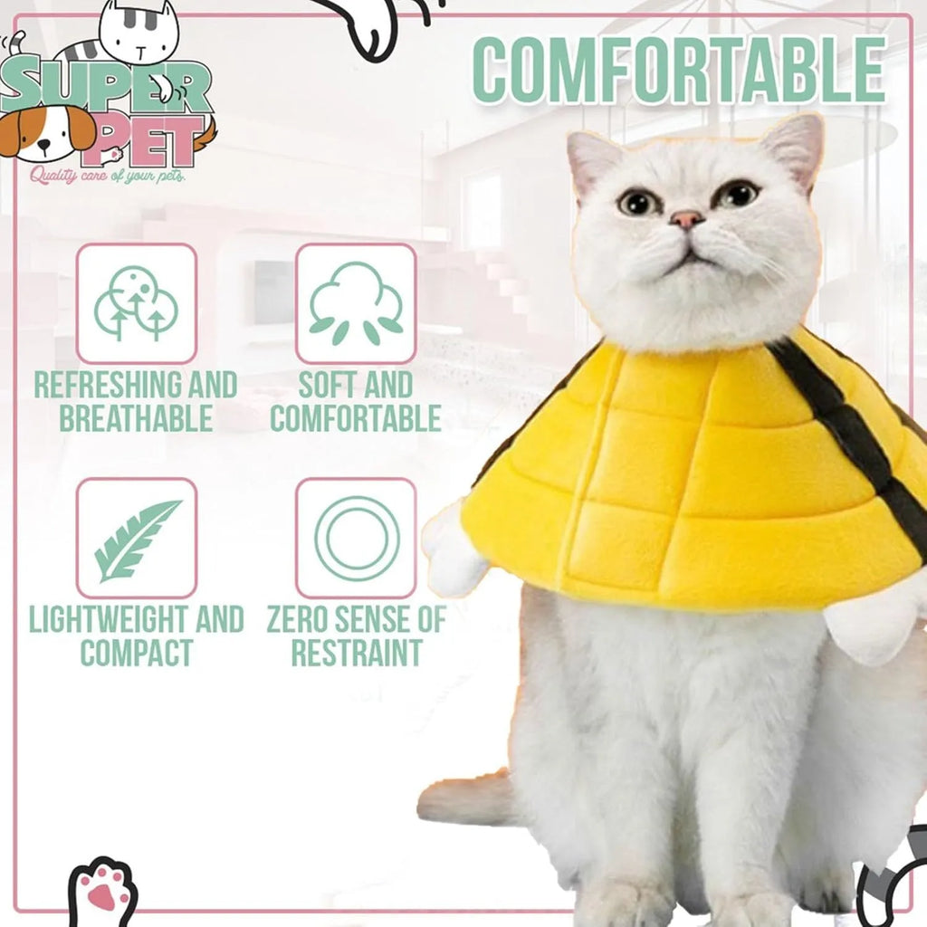 Soft white cat cone collar with black and yellow bee design, showing Velcro closure and approximate 20cm diameter