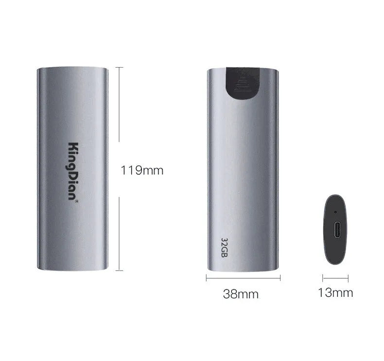 Grey aluminium mobile SSD with USB 3.0 interface measuring 119mm x 38mm x 13mm for direct phone connection