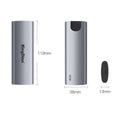 Grey aluminium mobile SSD with USB 3.0 interface measuring 119mm x 38mm x 13mm for direct phone connection
