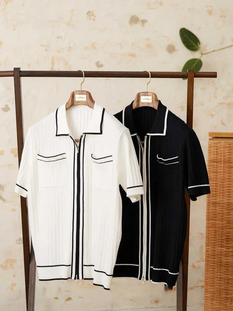 Black lapel collar short sleeve polo shirt on hanger showing slim fit and button placket