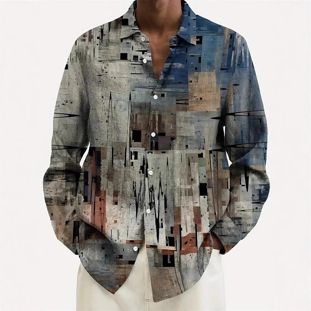 Man wearing a floral print Hawaiian long sleeve shirt with a loose cardigan fit.