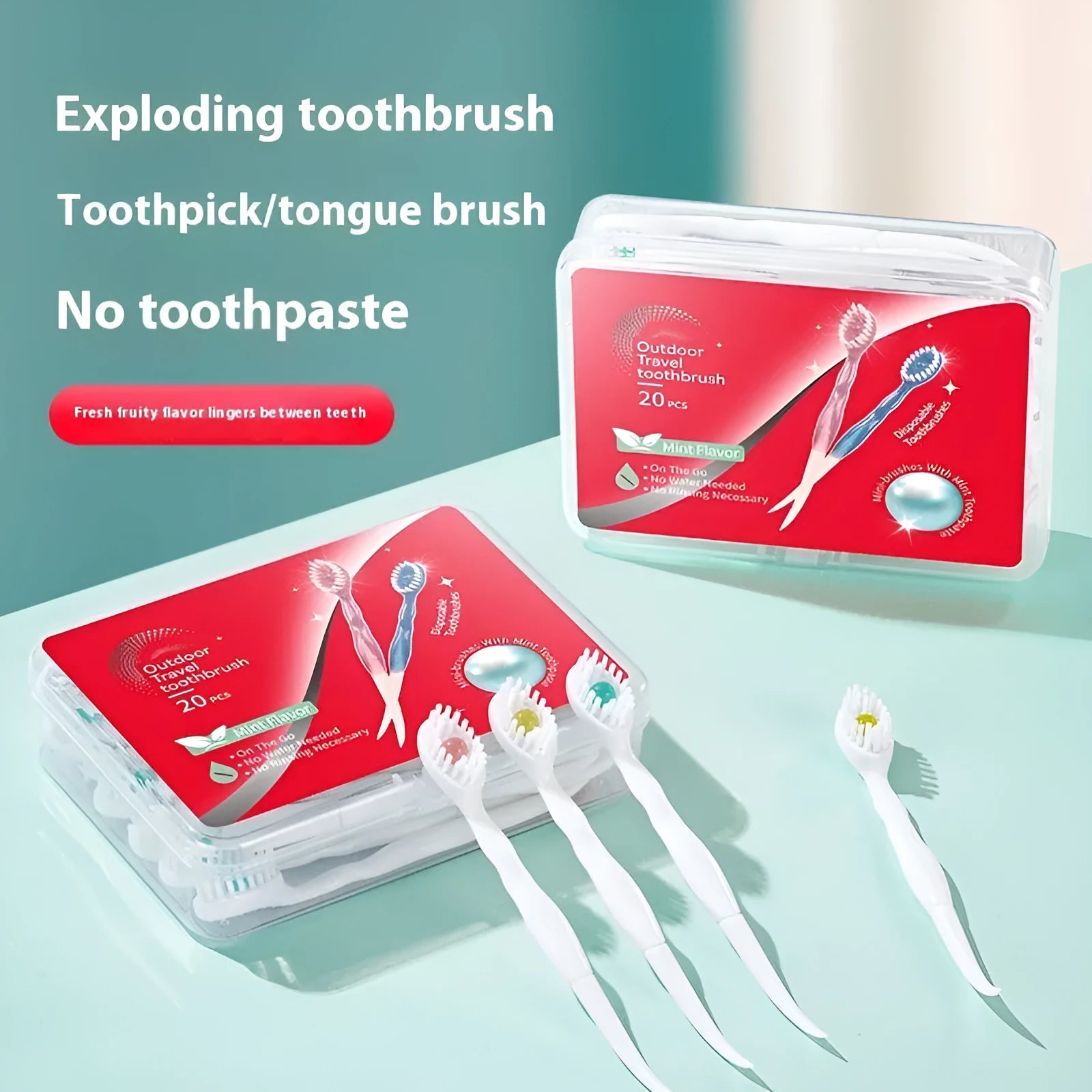 Box of disposable bead toothbrushes in mint, peach, plum green tea, and mixed flavours.