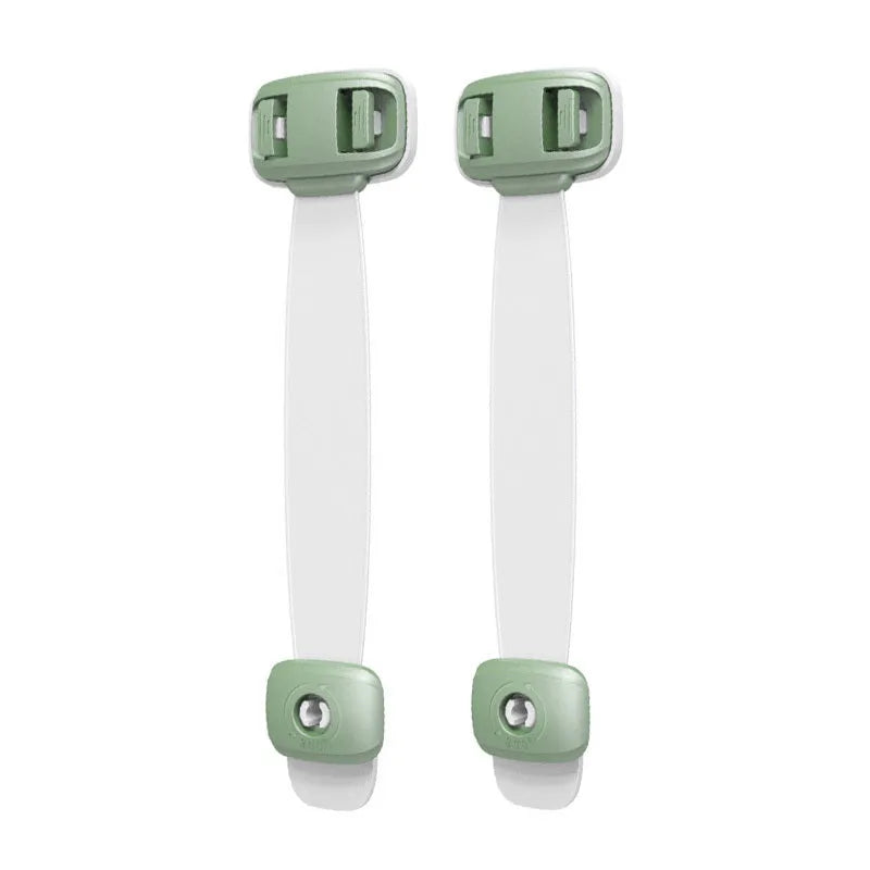 Grey and green adjustable adhesive child safety lock straps for cabinets and drawers.