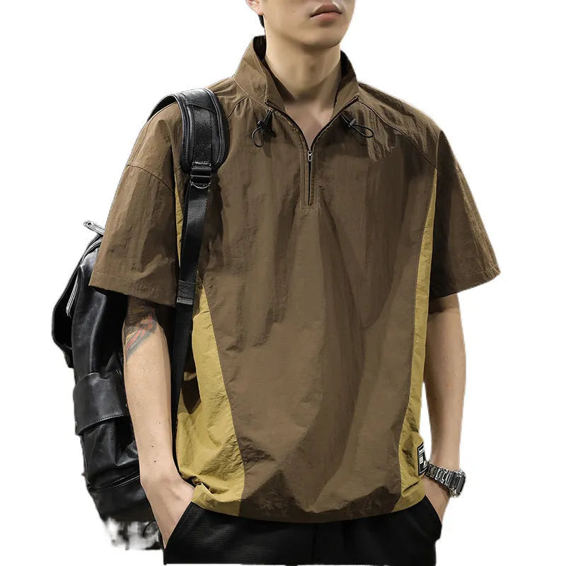 Men's business shirt casual T-shirt in brown or purple with half-zipped stand collar and short sleeves for summer.