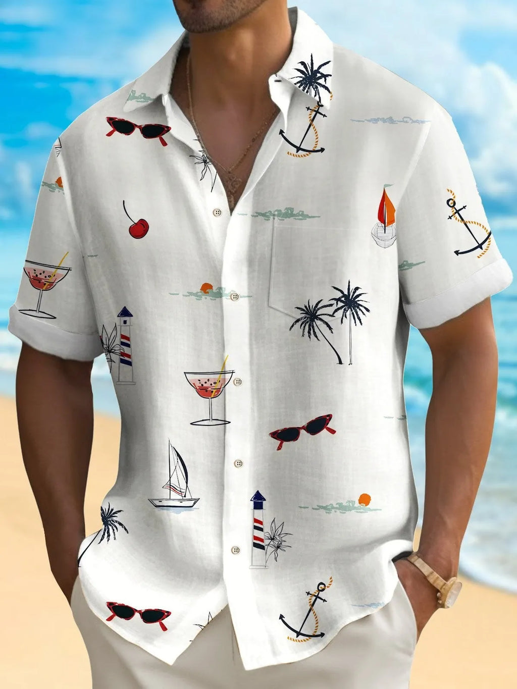 Men's Hawaiian shirt with digital print, loose fit, short sleeves, and 100% polyester fabric in various colours.