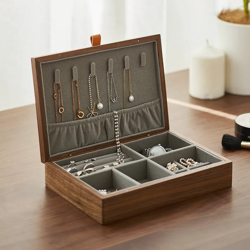 Large capacity wooden jewellery box in Black Walnut with spray painted retro finish for household jewellery storage