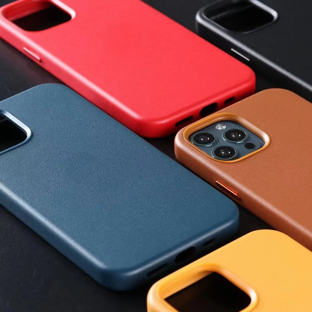 Real cowhide leather phone case for iPhone with magnetic vibration support in multiple solid colours.