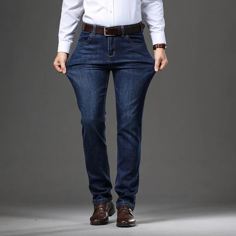 Men's high elasticity stretch jeans in loose plus size business casual fit with straight leg