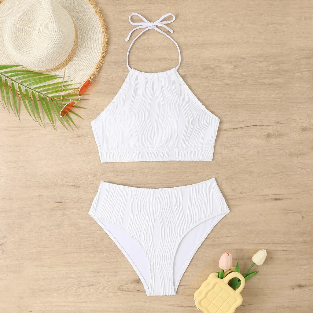 Women's conservative high-waist apron style swimwear set in polyester fabric
