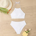 Women's conservative high-waist apron style swimwear set in polyester fabric