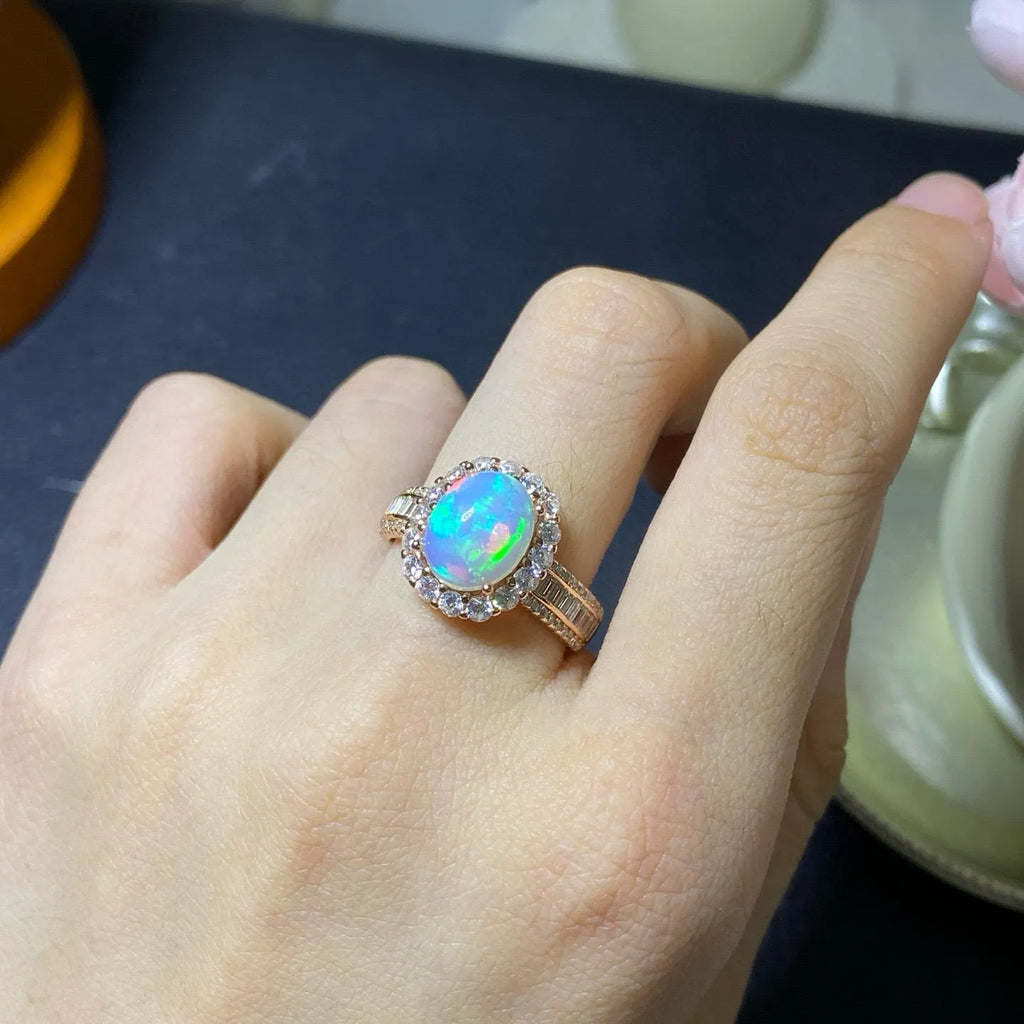 Natural opal handmade ring with adjustable open design in 925 silver with three colour finish options