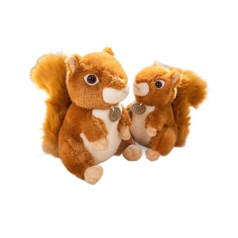 Standing simulation squirrel plush toy doll in red cloak, collar bell or hanging style, available in 17cm, 25cm and 30cm heights.