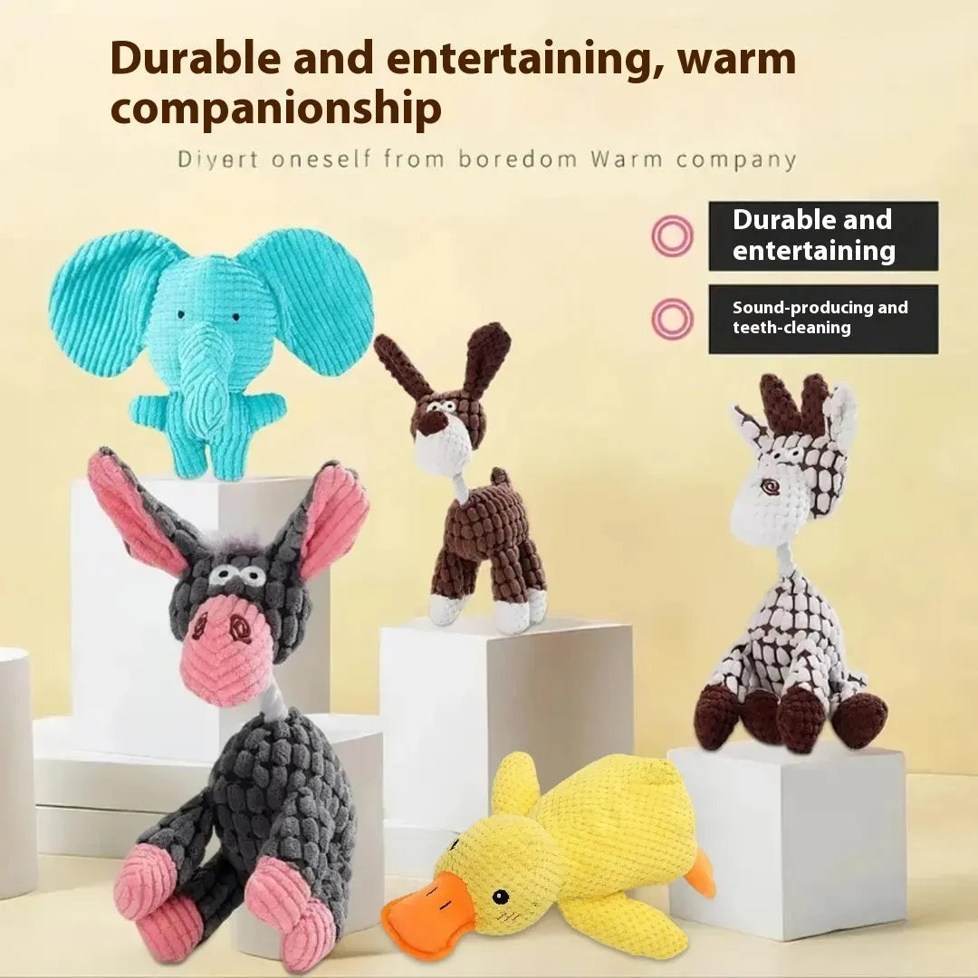 Plush puppy toy in animal designs like donkey, duck, and elephant with squeaker for teething relief