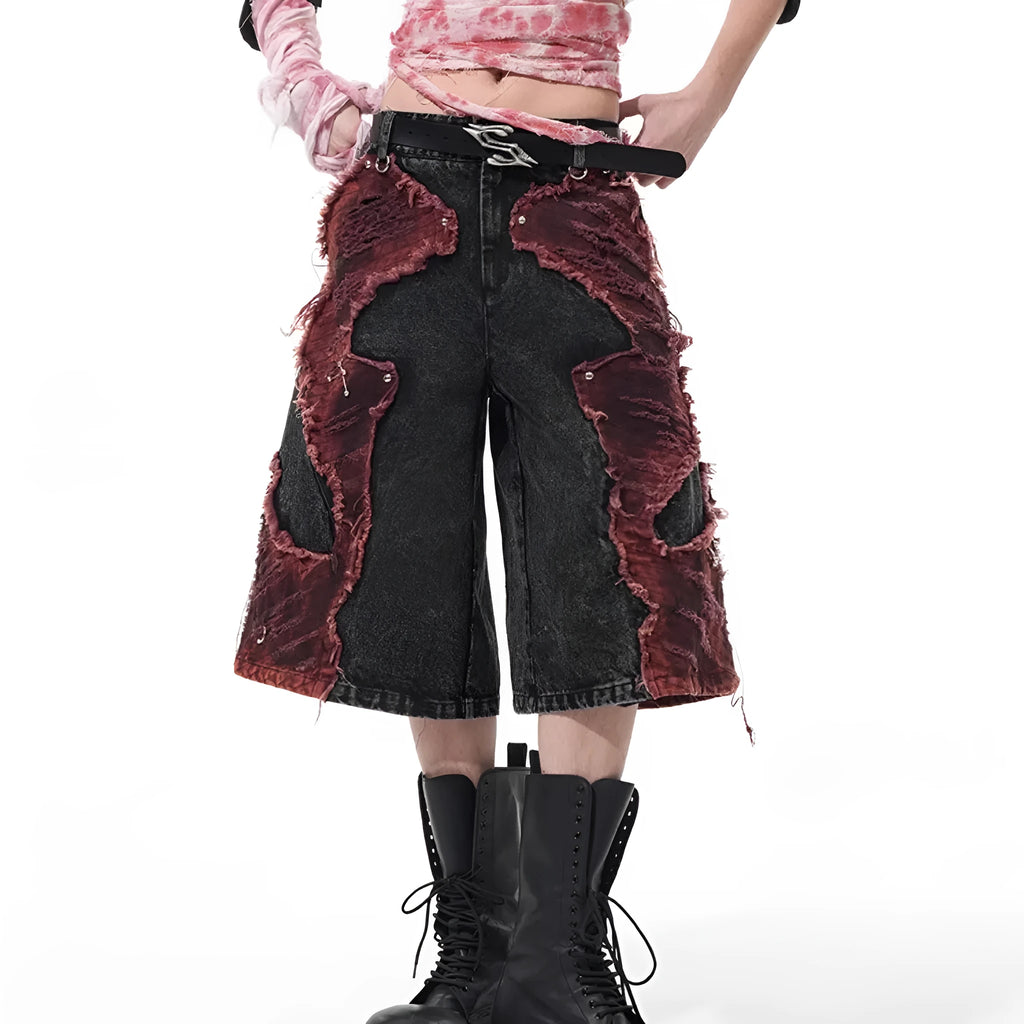 Women's distressed denim wide leg cropped trousers with mid-high waist and brushed stitching